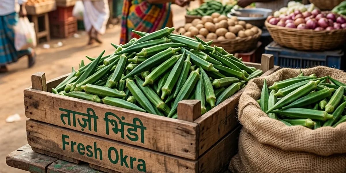 लकड़ी के बक्से में रखी ताज़ा भिंडी