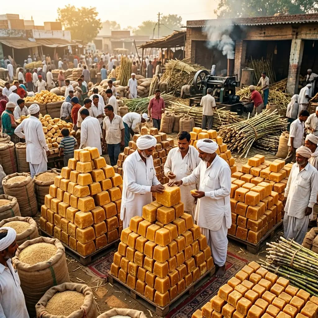 मुज़फ़्फ़रनगर, उत्तर प्रदेश में गुड़ बाज़ार — भारत का शुगर बेल्ट