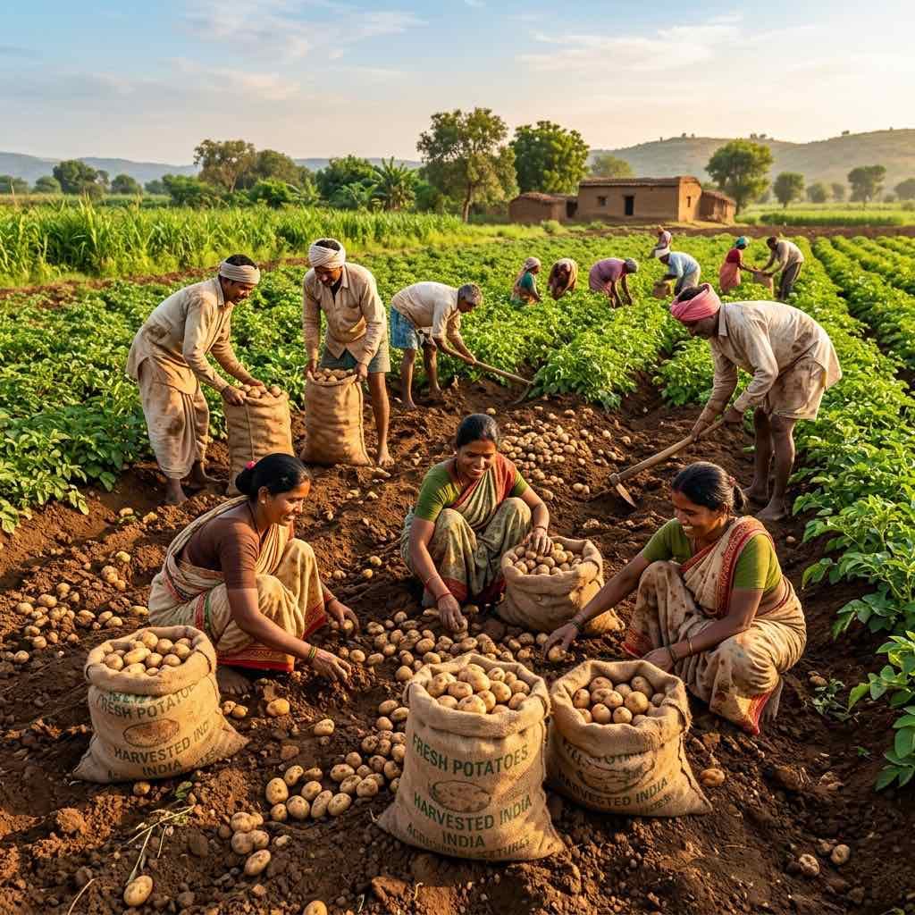 भारतीय खेत में ताजा आलू की कटाई