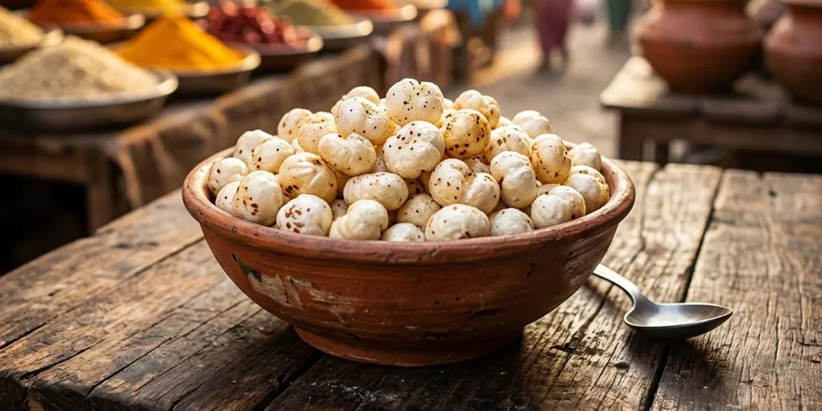 एक मिट्टी के बर्तन में रखे ताज़ा मखाना (पॉप्ड)