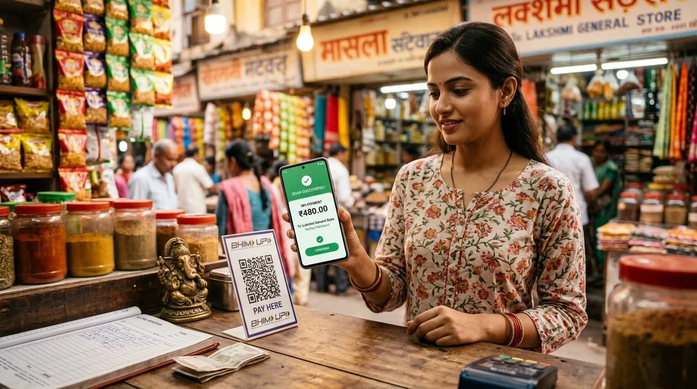 भारतीय बाज़ार में स्मार्टफोन से UPI QR कोड स्कैन करता ग्राहक