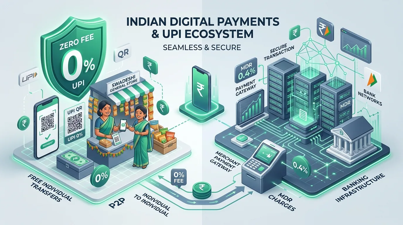 UPI MDR नियम इन्फोग्राफिक: व्यक्तिगत लेन-देन पर 0% शुल्क और बड़े व्यापारिक भुगतानों पर 0.4% MDR