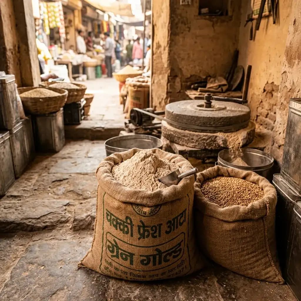 भारतीय चक्की में ताज़ा पिसा गेहूं का आटा
